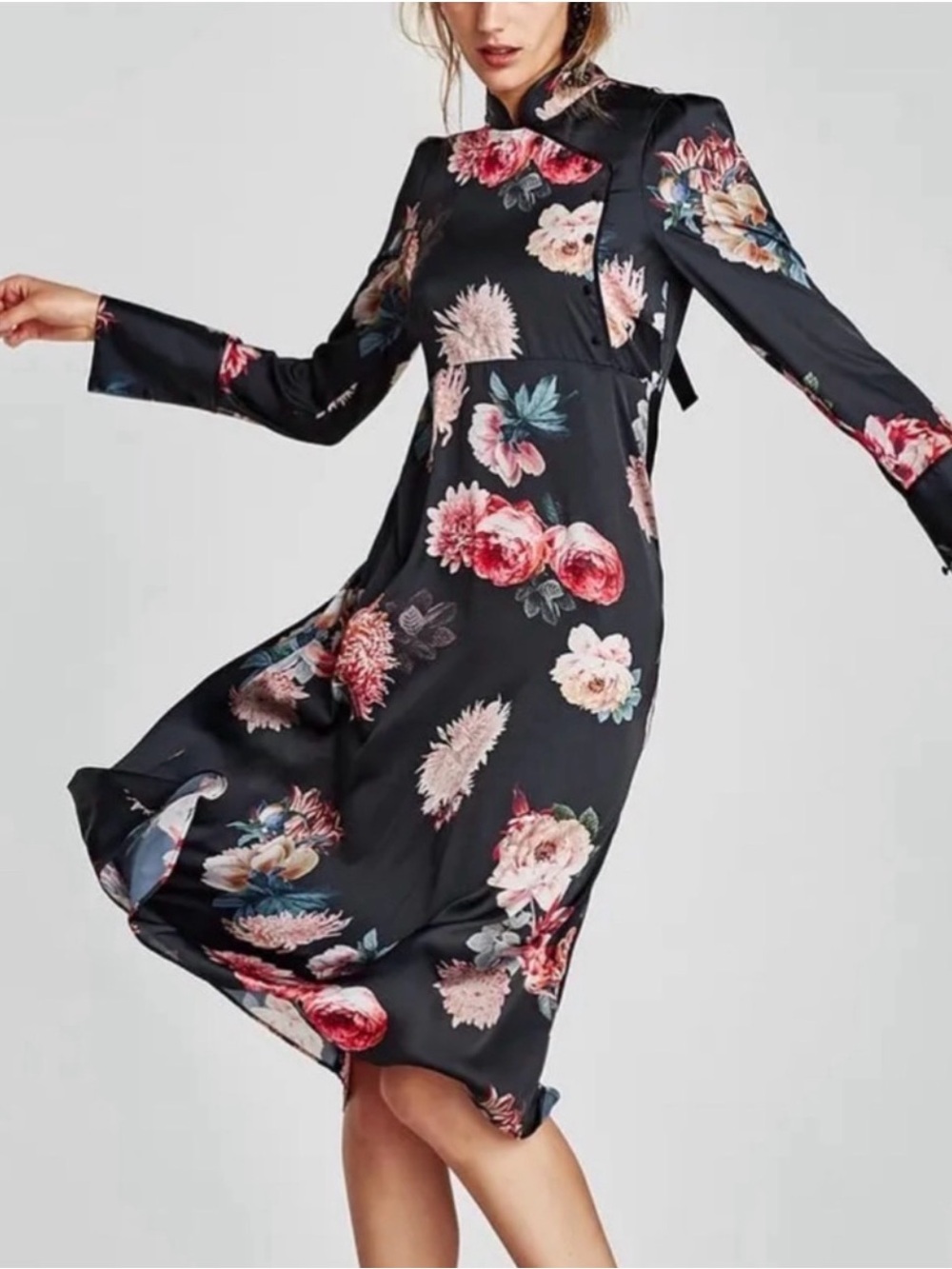 Black Floral Long-Sleeve Midi Dress